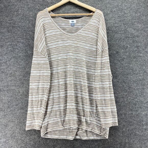 Old Navy T-Shirt Women XL Gray Striped V-Neck Long Sleeve Pullover Breathable - Picture 1 of 6